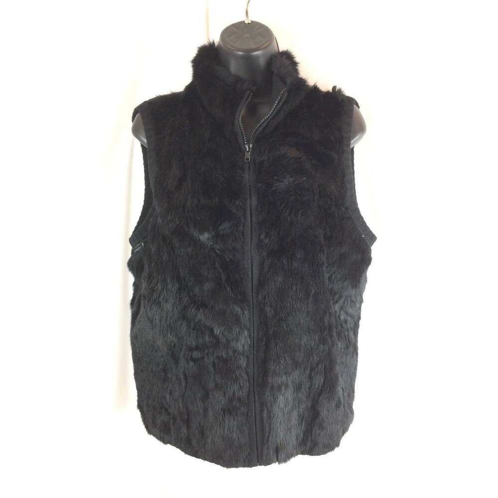 Metro 6 Nina Leonard Women's Fur Vest Black Minimalist Winter Full Zip Sz S Flaw